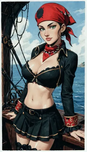 8k, score_9, score_8_up, score_7_up, Reiq feat Incase feat innv feat melkor mancin style, (beautiful female steampunk pirate), large firm breasts, cleavage underboob, midriff, short skirt, bandana, steampunk pirate setting, on a steampunk pirate ship, detailed green eyes, ratatatat74, cute, doodle, <lora:ratatatat74-000050:.8>, <lora:cutedoodle_XL-000012:.8>, <lora:NEOTOKIOXL_0.2_RC:.8>, <lora:outline_xl_kohaku_delta_spv5x:.8>