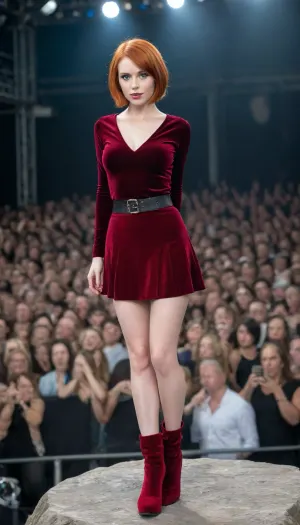 1 Girl, (25 Years old, FULL BODY, Clonated face), (FLAT CHEST, Skinny, Shapely legs), (Blue eyes, Mischievous gaze), (Short hair, Bob cut, Redhead), (On a rock/metal stage in front of a massive audience), (Velvet V-neck blouse, red asymmetrical skirt, elegant rock metal style high boots), (Extrem long shot, Panoramic shot of her, FULL BODY)
