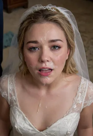 3/4 body shot, (florence Pugh:1.1), wedding dress with cum on her forehead, facial, open mouth, (cum in mouth:1.3), <lora:Facials:.5>, <lora:JustCum:.5>
