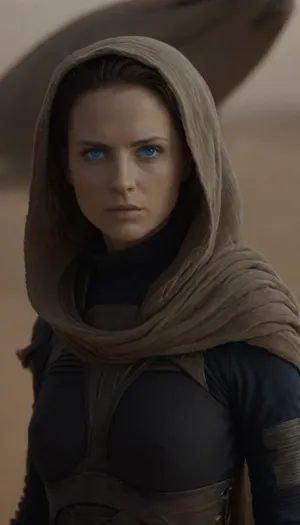 Realistic full-length photo, ((masterpiece, 4K best quality, ((1 girl, 35 years old, Jessica Atreides, (((fremen's dark blue eyes, blue cornea))), (((mysterious bene gesserit))), (fremen's suit), ((wearing black dress on chainmail))), ((transparent veil)), looking at the viewer, ((threatening gesture))))), ((in desert)), ((((shai-hulud, sand worm, sandworm which rises, in background)))), masterpiece, high quality, intricate details, wisdom, charism, hypnotic gaze, very aesthetic style, 7-dune, sand, worm, sepia, greyscale, nosetril, plug, blue, eyes, cloak, <lora:Dune SDXL v2.1:1.3>, <lora:Sandworm_-_Dune_1984_SDXL:2>, <lora:Dune1024:2>