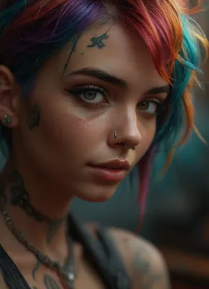In an extreme close-up, (a 25-year-old punk woman:1.4), with vibrant, colorful hair, (highly detailed hair strands and stubble on the sides:1.5), (perfectly rendered skin texture:1.5), (sharp iris with subtle smile and dimples:1.4), (slight depth of field, ears slightly blurred:1.3), (nose ring and lip piercing:1.4), (ear tunnels, subtly visible:1.3), (facial tattoos near the neck:1.4), creating a hyper-realistic, photorealistic portrait, (maximum detail:1.5), (super realistic photo:1.4), <lora:detailed_notrigger:2>, <lora:SDXLFaeTastic2400:2>, <lora:MJ52:2>, <lora:[XL]focus:2>