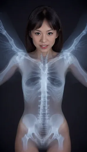 (xray:1.8), (Asian:1.9), (MILF:1.6), woman, fallen, angel, focus, feathered, wings, no, humans, skin, red, bioluminescence, outstretched, arms, sharp, teeth, realistic, eyes, claws, flying, glowing, laughing, horror, (theme), spread, full, body, very hairy pussy, looking, at, viewer, portrait, close-up, leaning, forward, xts, <lora:DD-xray-v1:2>, <lora:fallen angel male epoch 9 main:2>, <lora:xray_v1.0:2>, <lora:xray:2>