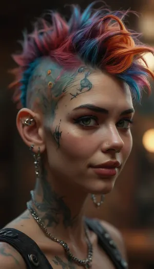 In an extreme close-up, (a 25-year-old punk woman:1.4), with vibrant, colorful hair styled in a Mohawk, (highly detailed Mohawk with shaved sides:1.5), (perfectly rendered skin texture:1.5), (sharp iris with subtle smile and dimples:1.4), (slight depth of field, ears slightly blurred:1.3), (nose ring and lip piercing:1.4), (ear tunnels, subtly visible:1.3), (facial tattoos near the neck:1.4), creating a hyper-realistic, photorealistic portrait, (maximum detail:1.5), (super realistic photo:1.4), <lora:detailed_notrigger:2>, <lora:SDXLFaeTastic2400:2>, <lora:MJ52:2>, <lora:[XL]focus:2>