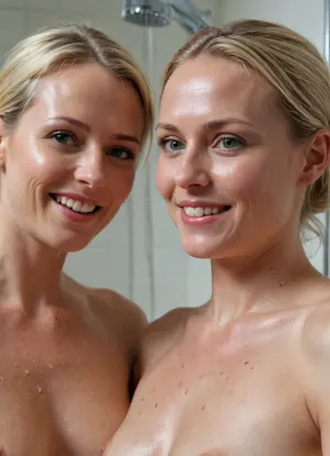 photorealistic. 40 years old tall Swedish woman. blond. Perfect body. normal tits. pokies. 2 women in a shower. soapy body. wet. showerhead. Mature women. Looking at each other. flirtatious smile. tits touching. sensual., (lesbian Orgy), ., (lesbian sex), (orgasm face)