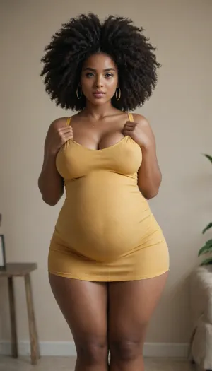 A Jack Vettriano style painting, tall curvy slim thick, huge pregnant belly, african bbw 40 years old, yellow bodycon mini dress, huge boobs, huge hips, huge thighs, afro hair