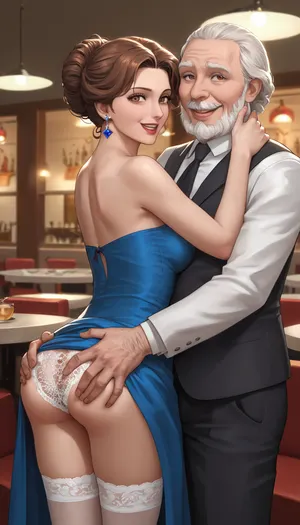 Russian, 1960s, very tall beautiful Russian brown hair mother in pin-up style, she is wearing in short blue flounce dress, (lace panties and stockings are visible), a seductive face, beautiful brown eyes, stands in restaurant, very excited, The fright and embarrassment on her face, lustful, very ugly man in a suit, ugly fat hairy bearded old men rough Hugging her and roughly strong groping her butt, roughly strong grabbing her ass, lustful mocking smile men's ugly face, groping and grabbing, men give her vulgar hints about sex, rear view