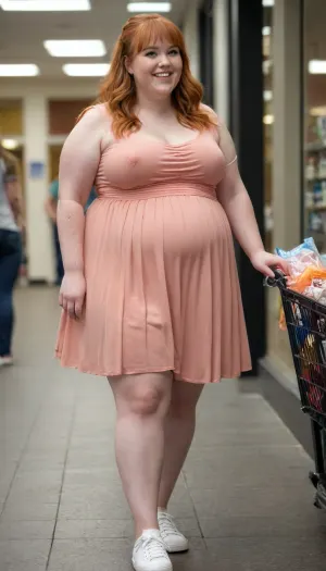 Pretty face, 19 year old obese woman, light red hair, brown eyes, large bust size, long white capri leggings, oversized short pleated peplum light orange dress, sneakers, standing, long straightened hair, bangs, recent weight gain, short sleeves, gorgeous, tight waistband, beautiful Daytime View from side Fully clothed, fully covered Standing, Laughing shopping, Side view Fat belly sticks out far in front Very fat bloated gut

Fat rolls under clothes chubby, bbw, venus, body, ass, <lora:Chubby BBW - XL:1.7>