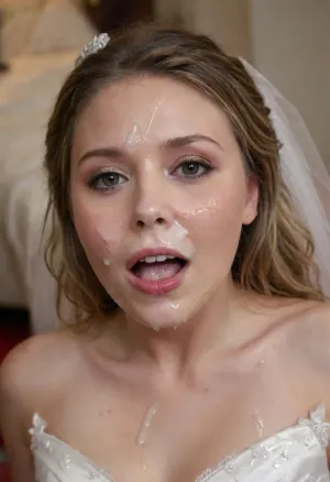 3/4 body shot, (Elizabeth Olsen:1.1), wedding dress with cum on her forehead, facial, open mouth, (cum in mouth:1.3), <lora:Facials:.5>, <lora:JustCum:.5>
