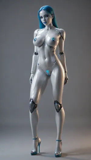 mechanical woman, full body, large metal breasts, robot vagina, molded high heels, platinum body, platinum skin, aluminum fighter, hard white plastic exoskeleton, transparent blue body parts, blue eyes, blue lipstick, blue heels, posing, tall, large, enhanced transparent blue breasts, oiled