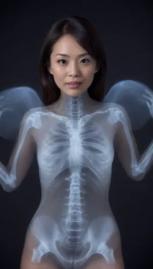 (xray:1.8), (Asian:1.9), (MILF:1.6), woman, fallen, angel, focus, feathered, wings, no, humans, skin, red, bioluminescence, outstretched, arms, sharp, teeth, realistic, eyes, claws, flying, glowing, laughing, horror, (theme), spread, full, body, hairy pussy, looking, at, viewer, portrait, close-up, leaning, forward, xts, <lora:DD-xray-v1:2>, <lora:fallen angel male epoch 9 main:2>, <lora:xray_v1.0:2>, <lora:xray:2>