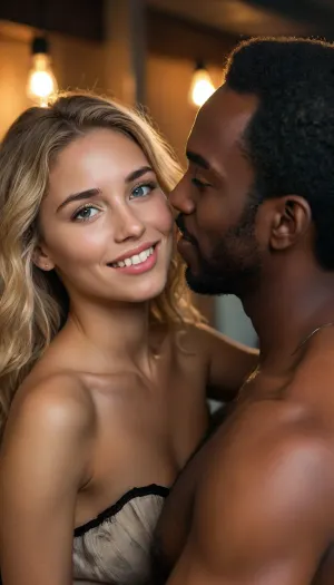 (close up couple selfie:1.6), (effortlessly sexy Caucasian Woman age 21 years old:1.6), (she is home with an fit casually dressed older black skinned African man age 45:1.6), In his apartment, (she only met him 20 minuets ago but she knows he the one:1.5), her pretty smile, he can't believe his luck he is going to fuck her brains out, her strapless dress, her long blond hair, her big tits, she just him so arousing she cant explain it, (Night time:1.5), her sexy smile, (his hand groping her pussy), (the man is slightly taller than the woman:1.5), she is nervous excited and very aroused to get backed for the first time, she is blushing as she lewdly displays her body, <lora:MJ52:.8>