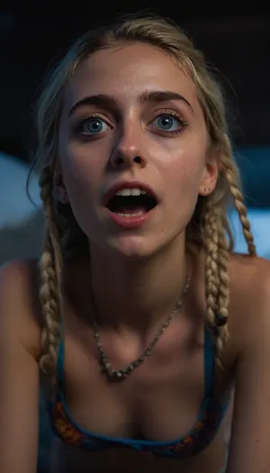 Ultra realistic amateur candid photo, (18yo, delicate, skinny body, (blue googly big eyes), hyperactive, heavy eyeliner, dark brows, bony, thin dry lips, dark bags under eyes, goa rave style, sea shell necklace, wrist braids, blonde dreadlocks, mouth open, wearing neon fishnet top with black g-string), (crawling towards you in bed), sexy posing for you, staring at you, dark flat room, ultimate realism, poor lighting, at night, dark, night, realistic detailed skin texture, focus on realistic face, intimate, casual, mischievous laughing, tired face, wrinkles, saggy tits