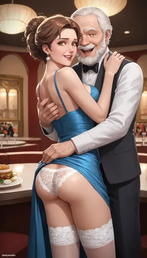 Russian, 1960s, very tall beautiful Russian brown hair mother in pin-up style, she is wearing in short blue flounce dress, (lace panties and stockings are visible), a seductive face, beautiful brown eyes, stands in restaurant, very excited, The fright and embarrassment on her face, lustful, very ugly man in a suit, ugly fat hairy bearded old men rough Hugging her and roughly strong groping her butt, roughly strong grabbing her ass, lustful mocking smile men's ugly face, groping and grabbing, men give her vulgar hints about sex, rear view