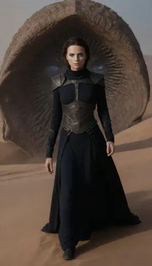 Realistic full-length photo, ((((masterpiece, 4K best quality, ((1 girl, 35 years old, Jessica Atreides, (((fremen's dark blue eyes, blue cornea))), (((mysterious bene gesserit))), ((fremen's suit)), ((((wearing black dress on chainmail)))), (shaved head), (transparent veil), looking at the viewer, ((threatening gesture)))))))), ((in desert)), (((((((shai-hulud, sand worm, sandworm which rises, in background))))))), masterpiece, high quality, intricate details, wisdom, charism, hypnotic gaze, very aesthetic style, 7-dune, sand, worm, sepia, greyscale, nosetril, plug, blue, eyes, cloak, <lora:Dune SDXL v2.1:1.4>, <lora:Sandworm_-_Dune_1984_SDXL:2>, <lora:Dune1024:2>