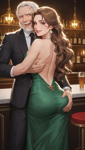 Russian, 1960s, very tall beautiful Russian brown elegant long hair mother in pin-up style, she is wearing in short green flounce dress, a seductive face, beautiful brown eyes, stands in bar, very excited, The fright and embarrassment on her face, lustful, very ugly man in a suit, fat hairy bearded old men rough Hugging her and roughly strong groping her butt, roughly strong grabbing her ass, lustful mocking smile men's ugly face, groping and grabbing, men give her vulgar hints about sex, rear view