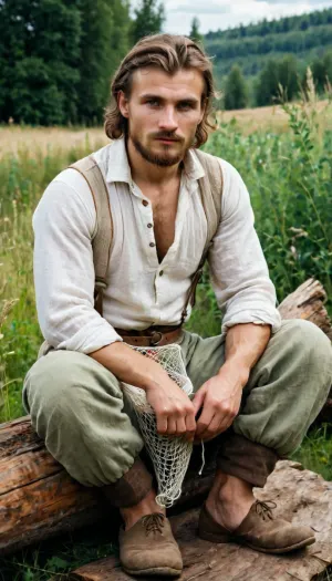 A moment of rest, full-body shot of a simple Slavic villager, (27 years old), in medieval Rus. He is of average, hairy, unathletic build with a noticeably hairy torso visible under his wide-open linen shirt. He is wearing practical, loose-fitting trousers and bast shoes. He is sitting on a log or a wooden step, mending a fishing net or sharpening a simple tool. The setting is a modest backyard with a wooden fence. Documentary photography style, natural light, focus on realism and everyday life, slightly worn clothes, calloused hands, <lora:xpenis-1.5e:.5>, handslora, <lora:Hands:.8>, cindrt, <lora:cindrt:.8>, photo, portrait, <lora:real-humans-PublicPrompts:.8>