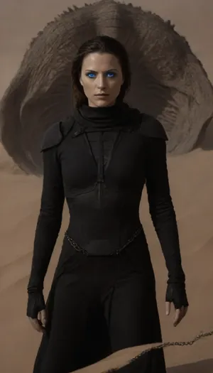 Realistic full-length photo, ((((masterpiece, 4K best quality, ((1 girl, 35 years old, Jessica Atreides, (((fremen's dark blue eyes, blue cornea))), (((mysterious bene gesserit))), ((fremen's suit)), ((((wearing black dress on chainmail)))), ((shaved head)), (transparent veil), looking at the viewer, ((threatening gesture)))))))), ((in desert)), (((((((shai-hulud, sand worm, sandworm which rises, in background))))))), masterpiece, high quality, intricate details, wisdom, charism, hypnotic gaze, very aesthetic style, 7-dune, sand, worm, sepia, greyscale, nosetril, plug, blue, eyes, cloak, <lora:Dune SDXL v2.1:1.3>, <lora:Sandworm_-_Dune_1984_SDXL:2>, <lora:Dune1024:2>