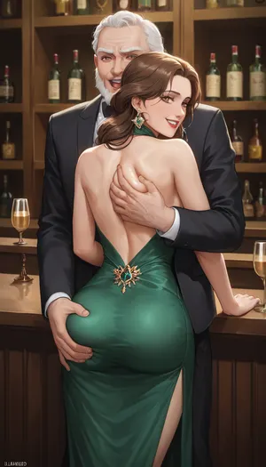 Russian, 1960s, very tall beautiful Russian brown elegant long hair mother in pin-up style, she is wearing in short green flounce dress, a seductive face, beautiful brown eyes, stands in bar, very excited, The fright and embarrassment on her face, lustful, very ugly man in a suit, fat hairy bearded old men rough Hugging her and roughly strong groping her butt, roughly strong grabbing her ass, a woman hugs a man by the neck, lustful mocking smile men's ugly face, groping and grabbing, men give her vulgar hints about sex, rear view