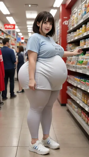 Pretty face, 19 year old obese woman, light black hair, light blue eyes, large bust size, long grey capri leggings, oversized short pleated peplum light white dress, sneakers, standing, long straightened hair, bangs, recent weight gain, short sleeves, gorgeous, tight waistband, beautiful Daytime View from side Fully clothed, fully covered Standing, Laughing shopping, Side view Fat belly sticks out far in front Very fat bloated gut

Fat rolls under clothes chubby, bbw, venus, body, ass, <lora:Chubby BBW - XL:1.7>