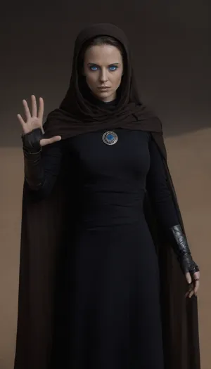 Realistic full-length photo, ((((masterpiece, 4K best quality, ((1 girl, 35 years old, Jessica Atreides, (((fremen's dark blue eyes, blue cornea))), (((mysterious bene gesserit))), (fremen's suit), ((wearing black dress on chainmail)), transparent veil, looking at the viewer, ((extending arm, threatening gesture)))))))), ((in desert)), (((sandworm which rises, in background))), masterpiece, high quality, intricate details, wisdom, charism, hypnotic gaze, very aesthetic style, 7-dune, sand, worm, sepia, greyscale, <lora:Dune SDXL v2.1:2>, <lora:Sandworm_-_Dune_1984_SDXL:2>
