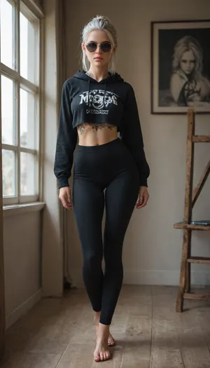 create a curvy girl, standing half-turned, long straight white hair, tattoos, deep facial features, sweatshirt, big supermega curvy juicy hips in tight leggings, barefoot, narrow waist, beautiful, charming, large window in the background, comics, concept art, painting, manapunk, sharp focus, soft shades, polygonal style, vector illustration, Lee Bogle