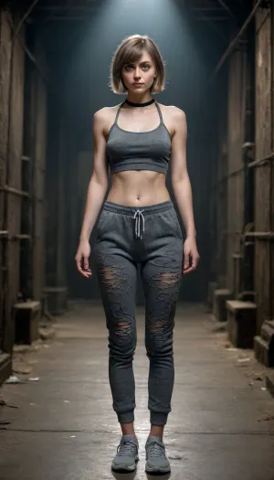 1 Girl, (25 Years old, FULL BODY, Clonated face), (FLAT CHEST, Very thin, Very pale), (Big blue eyes, Glowing eyes), (Short hair, Bob cut, Black ahir), (In a dark dungeon filled with cobwebs), (Sexy gray halter top with cat print, gray sweatpants, sneakers), (Extrem long shot, Panoramic shot of her, FULL BODY)