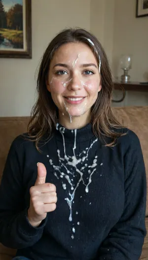 Photorealism, hyper-realistic, masterpiece, Award winning Picture, crystal clear Picture, highest resolution, detailed face, uhd, 8k, 50 year old milf, smiling, black wool Pullover, Clothed, upper body only, sitting on Couch, Full of cum, (cum on face:1.8), (cum on clothes), (cum on Hair), making thumbs Up sign
