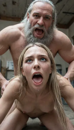 Photorealism, hyper-realistic, masterpiece, uhd, highest resolution, perfect Details, perfekt faces, 90 year old man, (Very old man:1.8), Old, Man, skinny, White Hair, Long White beard, naked, pounding a 20 year old girl with pigtails anal in dirty cellar, she is crying, (extreme crying:1.8), (screaming in pain:1.8), view from Front, (pounding:1.8), (extremely wrinkled:1.8), (extremely Long beards:1.8), <lora:OldMan:2>