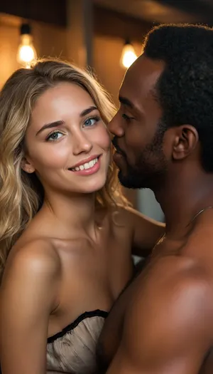 (close up couple selfie:1.6), (effortlessly sexy Caucasian Woman age 21 years old:1.6), (she is home with an fit casually dressed older black skinned African man age 45:1.6), In his apartment, (she only met him 20 minuets ago but she knows he the one:1.5), her pretty smile, he can't believe his luck he is going to fuck her brains out, her strapless dress, her long blond hair, her big tits, she just him so arousing she cant explain it, (Night time:1.5), her sexy smile, (his hand groping her pussy), (the man is slightly taller than the woman:1.5), she is nervous excited and very aroused to get backed for the first time, she is blushing as she lewdly displays her body, <lora:MJ52:.8>