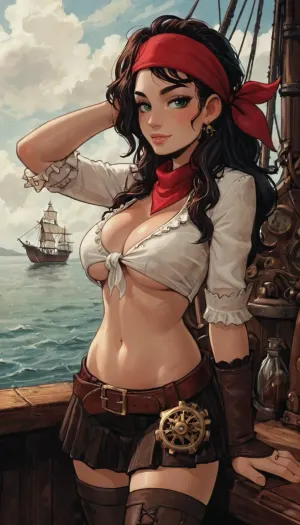 8k, score_9, score_8_up, score_7_up, Reiq feat Incase feat innv feat melkor mancin style, (beautiful female steampunk pirate), large firm breasts, cleavage underboob, midriff, short skirt, bandana, steampunk pirate setting, on a steampunk pirate ship, detailed green eyes, ratatatat74, cute, doodle, <lora:ratatatat74-000050:.8>, <lora:cutedoodle_XL-000012:.8>, <lora:NEOTOKIOXL_0.2_RC:.8>, <lora:outline_xl_kohaku_delta_spv5x:.8>