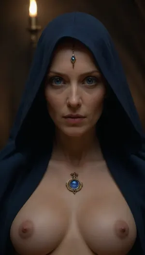 a photorealistic image in the style of a cinematic trailer based on Dune, showcasing the mysterious Bene Gesserit. Visual Style, Dark, unhurried, with elements of psychological horror and mysticism—like the films of David Lynch, but with an emphasis on feminine power and sacred danger.
Setting, A dark chamber deep on Wallach IX, where the bene gesserit's order is located. The place is mystical, we can feel a cosmic presence there, because of the fumes from the spice.
The photograph shows the 40 years-old, mother superior, of Bene Gesserit. She stands there menacingly, (((She has otherworldly eyes, (blue:1.3)))), ((((She is fully naked)))), (she's wearing only a large cloak, which reveals her perfect body, with desirable breasts, (((Her naked body is both attractive and sacred)))), .
Technical Details, Lighting, Rembrandt – deep shadows, the face illuminated by a cool blue light.
Color, Dark shadows + orange accents, (as in Dune 1984), but with enhanced blue for a mystical feel.
Atmosphere, The photograph should feel simultaneously sacred and brutal – the viewer should be simultaneously intrigued and terrified. Mother superior is vulnerable and worried, but she's a charismatic priestess whom gaze is hypnotic, and her gaze reflects her wisdom . The ending leaves a sense of mystery.
Key Motifs, Visual Imagery, Scenes with the Bene Gesserit from Dune, (1984), .
Lighting, Greg Frazer's work in Dune, (2021), (contrast of shadow and light), .
High definition, 8K, HD, high quality, high detail, good lighting, beautiful, epic, masterpiece