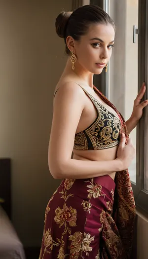 A highly photorealistic fashion portrait of a young woman standing indoors near a window with soft natural light coming from the side. She is facing the camera directly with a calm, confident, elegant expression and neutral lips. Her posture is relaxed but regal, with one hand holding a small embroidered clutch.

She is wearing a traditional Indian-inspired outfit, a floral-patterned blouse, (choli), with a deep neckline, a matching high-waisted skirt, (lehenga), and a richly detailed patterned shawl/dupatta draped over her shoulders. The fabrics are luxurious, with intricate textures, embroidery, and warm earthy tones mixed with deep reds, golds, and muted blues.

Her hair is center-parted, sleek, and pulled back into a low bun. She wears long traditional earrings, a small bindi on her forehead, and subtle natural makeup. Her skin tone is warm and glowing with realistic texture and natural highlights.

The lighting is soft window light, creating gentle shadows and depth. The background is minimal and neutral, indoor setting, softly blurred. High-end editorial photography style, cinematic color grading, shallow depth of field, ultra-realistic skin texture, 85mm lens look, f/2.0, sharp focus, fashion magazine aesthetic, Vogue-style portrait.