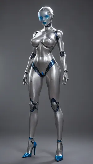 mechanical woman, full body, large metal breasts, robot vagina, molded high heels, platinum body, platinum skin, aluminum fighter, hard white plastic exoskeleton, transparent blue body parts, blue eyes, blue lipstick, blue heels