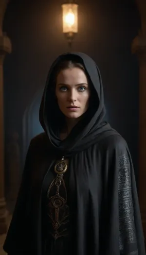 a photorealistic image in the style of a cinematic trailer based on Dune, showcasing the mysterious Bene Gesserit. Visual Style, Dark, unhurried, with elements of psychological horror and mysticism—like the films of David Lynch, but with an emphasis on feminine power and sacred danger.
Setting, A dark chamber deep within Leto Atreides' castle on Arrakis. The walls are covered in ancient symbols. The full length photograph shows a Bene Gesserit Jessica Atreides, motionless, with ice blue eyes glowing in the dim light. She is wearing a chainmail, over which floats a long, hooded cloak that reveals her chainmail on the sleeves. Technical Details, Lighting, Unidirectional, (as in Greg Rukowski's work), – deep shadows, the face illuminated by a cool blue light.
Color, Dark shadows + orange accents, (as in Dune 2021), but with enhanced blue for a mystical feel.
Atmosphere, The photograph should feel simultaneously sacred and brutal – the viewer should be simultaneously intrigued and terrified. Jessica Atreides is fragile and worried, but she is charismatic, but it's a priestess whom gaze is hypnotic . The ending leaves a sense of mystery.
Key Motifs, Visual Imagery, Scenes with the Bene Gesserit from Dune, (1984), .
Lighting, Roger Deakins' work in Blade Runner 2049, (contrast of shadow and light), .
High definition, 8K, HD, high quality, high detail, good lighting, beautiful, epic, masterpiece