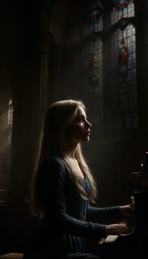 (sideview), a, (close portrait shot), young, breathtakenly beautifull and cute, long light-blonde hair, small snub nose, blue eyes, barely legal, 18-years-old, girl, (plays the organ), impressive stained glass window in the background, (ancient german cathedral), the style plays on the contrast of light and shadow, (dust particles illuminated by the sun shining through the window float through the air), backlit, organ, keys, pipe, (instrument\), ral-chrosc-bw, fluxenh4nce, ais-darkpartz, <lora:organXL:.8>, <lora:dark:.8>, <lora:ral-chrosc-bw:1.3>, <lora:FLUXEnh4nce:1.1>, <lora:Dark_Particles_Style_SDXL:1>