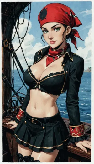 8k, score_9, score_8_up, score_7_up, Reiq feat Incase feat innv feat melkor mancin style, (beautiful female steampunk pirate), large firm breasts, cleavage underboob, midriff, short skirt, bandana, steampunk pirate setting, on a steampunk pirate ship, detailed green eyes, ratatatat74, cute, doodle, <lora:ratatatat74-000050:.8>, <lora:cutedoodle_XL-000012:.8>, <lora:NEOTOKIOXL_0.2_RC:.8>, <lora:outline_xl_kohaku_delta_spv5x:.8>