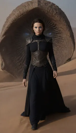 Realistic full-length photo, ((((masterpiece, 4K best quality, ((1 girl, 35 years old, Jessica Atreides, (((fremen's dark blue eyes, blue cornea))), (((mysterious bene gesserit))), ((fremen's suit)), ((((wearing black dress on chainmail)))), (shaved head), (transparent veil), looking at the viewer, ((threatening gesture)))))))), ((in desert)), (((((((shai-hulud, sand worm, sandworm which rises, in background))))))), masterpiece, high quality, intricate details, wisdom, charism, hypnotic gaze, very aesthetic style, 7-dune, sand, worm, sepia, greyscale, nosetril, plug, blue, eyes, cloak, <lora:Dune SDXL v2.1:1.4>, <lora:Sandworm_-_Dune_1984_SDXL:2>, <lora:Dune1024:2>