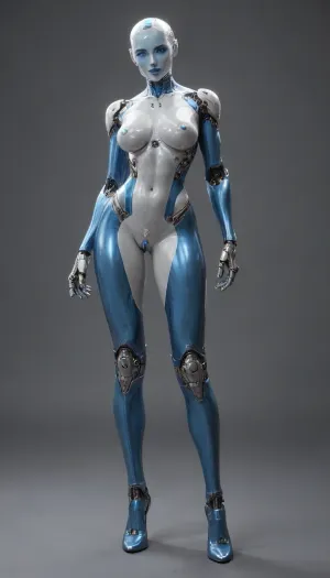 mechanical woman, full body, large metal breasts, robot vagina, molded high heels, platinum body, platinum skin, aluminum fighter, hard white plastic exoskeleton, transparent blue body parts, blue eyes, blue lipstick, blue heels, posing, tall, large, Wearing clothes
