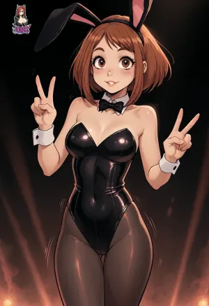 ((Melkor mancin meets Jack cayless style)), (reiq style), Cel-shaded, inked lineart, limited color palette, masterpiece, ((ochako uraraka)), large smile, bunny suit, peace sign, hips swaying, motion lines, dynamic lighting, high contrast, perfect lighting, <lora:mk_Bp Anime_xl:1.2>, <lora:lineartSDXL:2>, <lora:EnvyBeautyXL01:2>