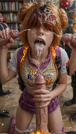 (vasya), Ginger, Girlfriend, Freckles, freckles, mischievous smile, cute, slim, (dimples), (tongue out), Fr3ckles, (bce:1.4), 1girl, solo, (Punk, (hair over eyes), , , Bleach Blonde, Fiery Ginger hair, Dark Red hair, two-tone hair, large hair bun, large double bun, bob_cut:1.4), edgpskirt, wearing, punk, skirt, bce, (cum explosion from nose:1.64), (cum explosion from mouth:1.85), kneeling in the library, she looks up at the beast., (The beast’s claw is visible grabbing her head:1.6), ., Daphne Blake has a very thin and slender body, narrow waist, (athletic round ass in a plaid mini_skirt:1.4), (panties down to pussy:1.3), lighting on the body, oil shine, (firm round buttocks:1.6), teеnage smooth-shaven and a wide-open pussy, (detailed glute curves:1.2), (slender teеnage waif-like figure:1.3), (carrying princess_print backpack:1.7), (frontside viewer view:1.2), (classroom filled with people:1.4), (high contrast:1.7), (short hair:1.3), (close view:1.4), (cute body:1.7), (hyper massive cock:1.12), of the beast is to big for her little mouth, impossible fit in mouth, looking up, (trying to fit in her mouth the massive cock:1.12), (Tears:1.164), (bukkake:1.58), (handjob:1.5), above view, cum in mouth, cum on forehead, cum on cheeks, porn photoshoot, (huge dick), (creamy deep deepthroat:1.36), (extreme oral sex:1.24), (huge massive white dick:1.4), (cum), (hands holding hair), (huge dick:1.24), (bukakke), (cum in face, cum on body), (covered in cum), UHD, 8k wallpaper, (maximum quality:1.5), (ultra high resolution:1.7), (masterpiece:1.2), (full body view), award winning photo, (Extreme:1.25), (insanely detailed:1.9), (realism:1), (realistic:1.7), (hdr:1.4), hyper-detailed realistic body, hyper-detailed realistic face, (warm ambient light:.5), (dark shadows:1.4), on hands and knees, 10 black equine cocks cumming, receiving a non-consensual deep deepthroat and bukkake blowbang, her cheeks are tear-stained, crying, running makeup, sweaty skin, (excessive cum:1.56), (cum on face), (cum on body), (Cum in hair), photorealistic cum, thin runny cum, thick chunky cum bukkake, unwanted bukkake, 4boys, 5boys, 6+boys, multiple black men, Transparent Liquid, gangbang, orgy, penis, cum, cumbath, black_dicks_everywhere, drooling cum, multiple black cock cumming on face, drenched in cum, 10 black cocks surrounding face, 10 massive black cocks, 10 equine cocks, pony cocks, contrasting shadows, ultimate realistic 3d rendering perfection, cinematic photography, cinematic lightning, professional depth of field, 3-point lightning, sharp eye focus, (full frontal), night time, (volumetric lighting), professional photographer shot on kodak, 35mm photo, sharp focus, high budget, cinemascope, 100 mm lens, 1/250 s, f/2.8, ISO 300, (very low view:1.15), <lora:detailed_notrigger:2>, <lora:Dark_Elf_Warrior:2>, <lora:LCMTurboMix_Euler_A_fix:2>, <lora:photorealistic_portrait_notrigger:2>