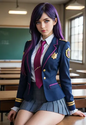 Semi-realistic anime style, high-quality digital art. A character with long navy blue hair and magenta tips, striking blue eyes, sitting on a classroom desk. Wearing an ornate military-style school uniform, navy blue blazer with gold armor plates on shoulders, white pleated skirt with purple trim, white shirt and tie. Intricate lace garter on thigh. Sunny classroom background, cinematic lighting, sharp focus, detailed textures