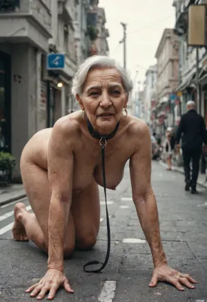 (A nude old woman of 70 years old:1.7), crawling on all fours through the city street, the old woman is wearing a dog-collar around her neck, and a well-dressed man is walking her on a leash, dark might, streetlights, Nikon D90.