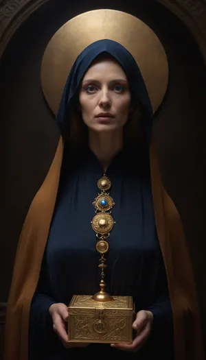 a photorealistic image in the style of a cinematic trailer based on Dune, showcasing the mysterious Bene Gesserit. Visual Style, Dark, unhurried, with elements of psychological horror and mysticism—like the films of David Lynch, but with an emphasis on feminine power and sacred danger.
Setting, A dark chamber deep on Wallach IX, where the bene gesserit's order is located. The place is mystical, we can feel a cosmic presence there, because of the fumes from the spice.
The photograph shows the 40 years-old, mother superior, of Bene Gesserit. She stands there menacingly, (((She has otherworldly eyes, (blue:1.3)))), (she's wearing only a large cloak, which reveals her perfect body, with desirable breasts, (((Her body is both attractive and sacred)))), ., (((she holds a worrying and mysterious little golden box, with strange decoration))), .
Technical Details, Lighting, Rembrandt – deep shadows, the face illuminated by a cool blue light.
Color, Dark shadows + orange accents, (as in Dune 1984), but with enhanced blue for a mystical feel.
Atmosphere, The photograph should feel simultaneously sacred and brutal – the viewer should be simultaneously intrigued and terrified. Mother superior is vulnerable and worried, but she's a charismatic priestess whom gaze is hypnotic, and her gaze reflects her wisdom . The ending leaves a sense of mystery. She radiates a strange light.
Key Motifs, Visual Imagery, Scenes with the Bene Gesserit from Dune, (1984), .
Lighting, Greg Frazer's work in Dune, (2021), (contrast of shadow and light), .
High definition, 8K, HD, high quality, high detail, good lighting, beautiful, epic, masterpiece