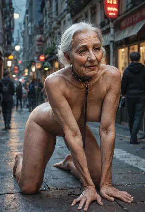 (A nude old woman of 70 years old:1.7), crawling on all fours through the city street, the old woman is wearing a dog-collar around her neck, and a well-dressed man is walking her on a leash, dark might, streetlights, Nikon D90.