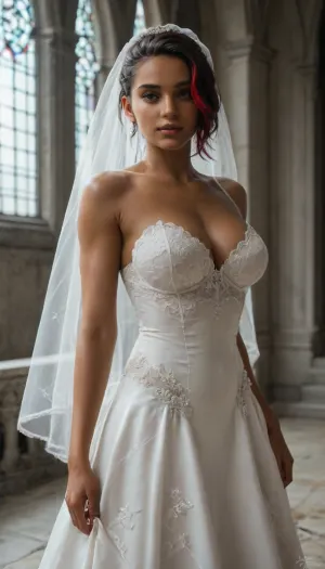 solo, 3/4 view, (25 year old beautiful athletic female:1.6), ((brunette asymmetrical hair with red highlights)), (olive skin:1.6), tight large natural breasts, ((submissive pose)), ((wedding veil)), ((bridal dress)), ((cathedral))