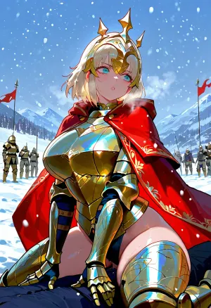 (masterpiece, best quality), stunning beautiful woman, almond-shaped deep blue eyes, Voluptuous Curves, gold with silver embellishment shiny armor, crown, red cloak, sex, cowgirl sex position, 1man, mountain, snow, (snowing:1.4), battlefield, crowded, (steel_armored people:1.5), at background, ground is littered with remnants of war, swords, shields, and banner, captured with a Sony A7 III, sharp focus, best shadow, score_9, 8K, UHD, clear image, extremely sharp, extremely detailed, extremely intricate detail, high res, ultra-high-definition, highly detailed, ultra-sharp textures, finely detailed, perfect skin texture, hyperrealistic lighting, professional photography, full dynamic range, deep contrast, high clarity, realistic depth of field, HDR, smooth gradients, natural reflections, ultra-fine details, realistic skin pores, individual hair strands, color-graded