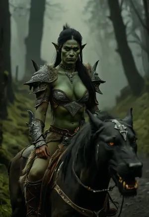 Uber realistic, 8k, ultra detailed, masterpiece, Beautiful female fantasy orc, (green skin), mounted riding a large wolf, along a dark forest path, (heavy fog:1.5), armor, detailed face, detailed hair, detailed body, detailed skin, detailed breasts, High, Resolution, More, Details, 8K, but, <lora:MJ52:.8>, <lora:add-detail-xl:.8>, <lora:BUT_SDXL_SHS:.3>