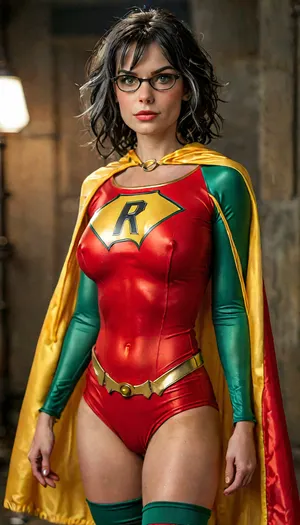 ASSIGNMENT, Take an award-winning photo of a gorgeous 45-year-old Boston MILF dressed as Robin from DC Comics, BREAK.

COSTUME, (the classic red and green costume of Robin from DC Comics with a yellow cape and the iconic "R" emblem on the chest:1.2), (distinctive librarian glasses:1.15), stud earrings, wedding ring, BREAK.

FACE, beautiful Boston MILF, highly detailed face, pale skin, blushing, high forehead, slender eyebrows, thin lips, moist lips, light makeup, pixieish smile, distinctive librarian glasses, long eyelashes, bright green eyes, big expressive eyes, looking at viewer, eye contact, perfect teeth, smile, BREAK.

BODY, gorgeous 45-year-old Boston MILF, very slender, small naturally sagging breasts, B cup, ((very pale skin)), blushing skin, large areolae with puffy nipples, detailed natural breasts, perfect ass, navel, detailed realistic skin with pores and hair follicles, ((pale creamy skin)), very hairy bush, perfect hands, handslora, BREAK.

HAIR, short gray-black hair with white streaks, hair in tight ringlets, ((white streaks in hair:1.7)), detailed hair, BREAK.

LOCATION, (bokeh), a dark alley in Gotham City, BREAK.

POSE, standing, hero shot, central focus, (show from thighs up), BREAK.

AESTHETIC, score_9, score_8_up, score_7_up, solo, cinematic, 8K, hyper realistic, sexy as hell, BREAK.

TEMPLATES, but, clothes, 4ng3l, face, braless, Wearing, that, make, sense, with, Braless>, <lora:add-detail-xl:2>, <lora:BUT_SDXL_SHS:1>, <lora:MJ52:2>, <lora:SDXL_BetterFaces-LoRA_v1:2>, <lora:bralessSDXL_v1_00022:1>
