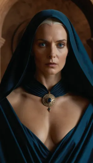 a photorealistic image in the style of a cinematic trailer based on Dune, showcasing the mysterious Bene Gesserit. Visual Style, Dark, unhurried, with elements of psychological horror and mysticism—like the films of David Lynch, but with an emphasis on feminine power and sacred danger.
Setting, A dark chamber deep on Wallach IX, where the bene gesserit's order is located. The place is mystical, we can feel a cosmic presence there, because of the fumes from the spice.
The photograph shows the mother superior, of Bene Gesserit. She stands there menacingly, (((She has otherworldly eyes, (blue:1.3)))), ((((She is fully naked)))), (she has shaved hair, and she's wearing only a rich cloak with collar, which reveals her perfect body, with desirable breasts and virginal vagina, (((Her naked body is both attractive and sacred)))), .
Technical Details, Lighting, Rembrandt – deep shadows, the face illuminated by a cool blue light.
Color, Dark shadows + orange accents, (as in Dune 1984), but with enhanced blue for a mystical feel.
Atmosphere, The photograph should feel simultaneously sacred and brutal – the viewer should be simultaneously intrigued and terrified. Mother superior is vulnerable and worried, but she's a charismatic priestess whom gaze is hypnotic, and her gaze reflects her wisdom . The ending leaves a sense of mystery.
Key Motifs, Visual Imagery, Scenes with the Bene Gesserit from Dune, (1984), .
Lighting, Greg Frazer's work in Dune, (2021), (contrast of shadow and light), .
High definition, 8K, HD, high quality, high detail, good lighting, beautiful, epic, masterpiece