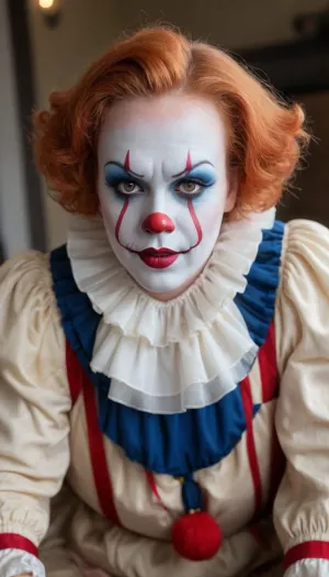 SSBBW, bare Nipples, obese Maria in 1800s clothing, 30-years-old, obese, Fichtenwald, cleavage, (withe pennywise clown face makeup:1.8), Breasts are hanging out, puffy nipples, long nipples, big areolas, beautiful eyes, perfect face, smirking, erotic, pussy shot, ultra high quality, photorealistic